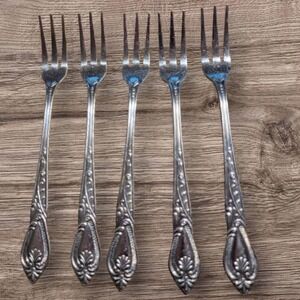 Vintage Kimco Stainless Seafood Cocktail Forks Set of 5 – Korea – Ornate Floral